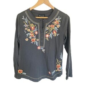 Frazzle Gray Cotton Floral Embroidered Henley Long Sleeve‎ Top Small